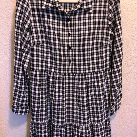 NWT ELIZA J Black & White Plaid Flannel Boho Tiered Mini Dress 10 - Picture 2 of 4